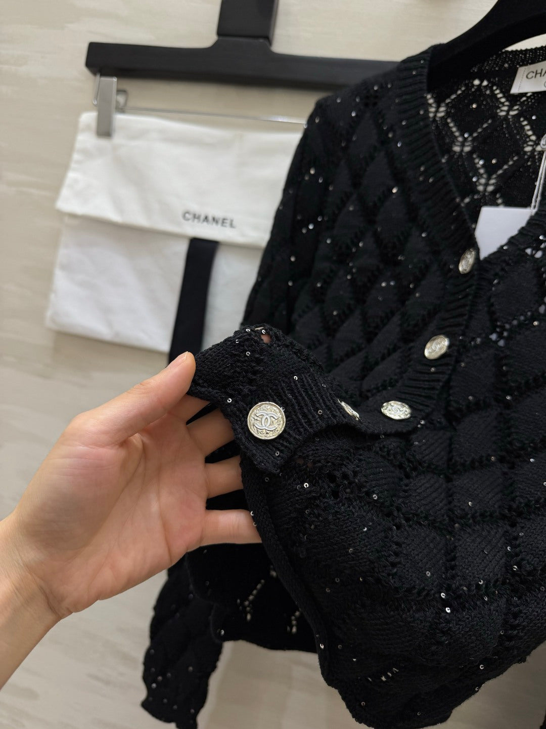 Chanel 26s Diamond Open-Knit Cardigan and Skirt Set Black 438853