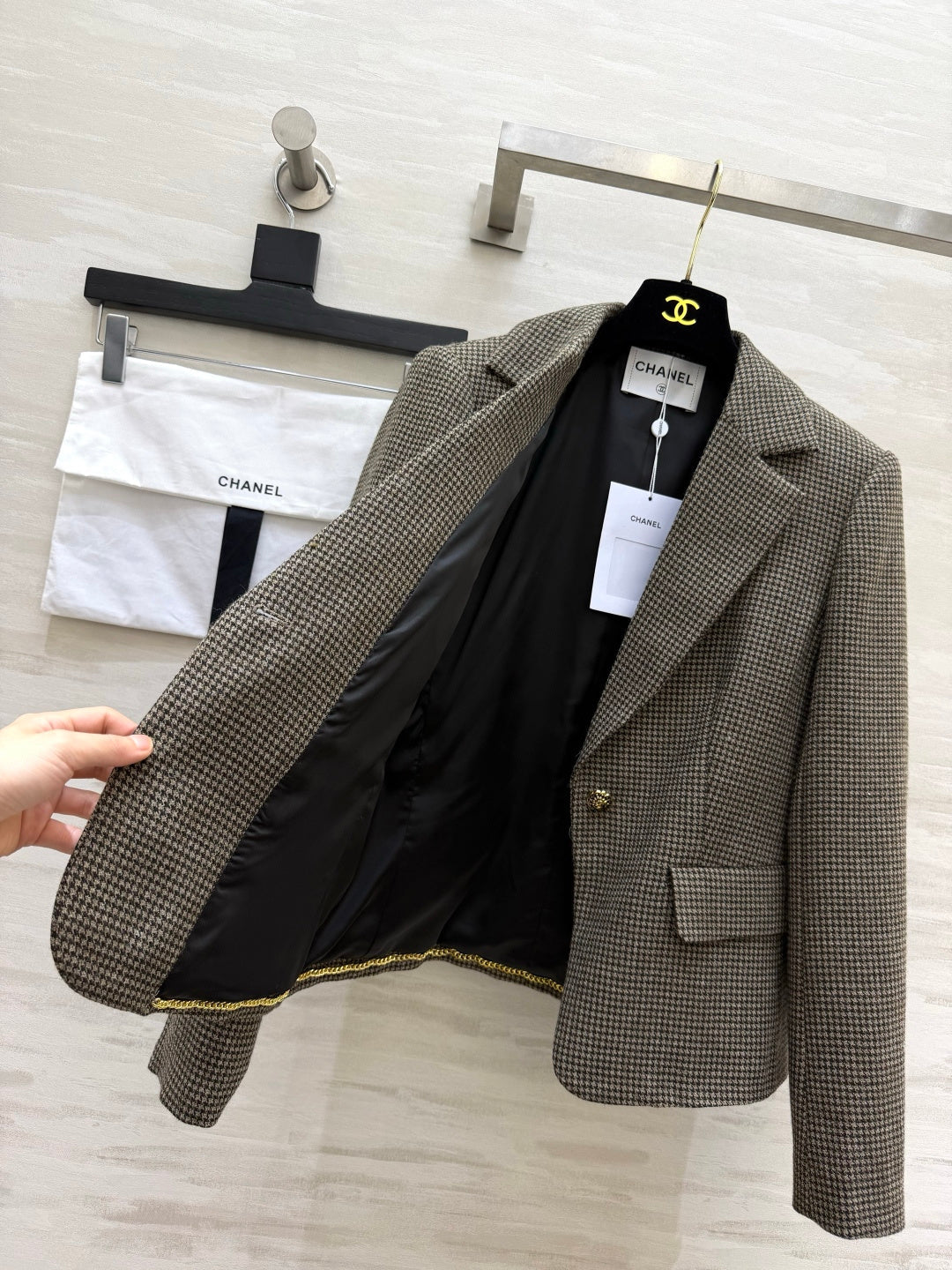 Chanel 26s Houndstooth Single-Breasted Blazer Jacket Taupe 438850