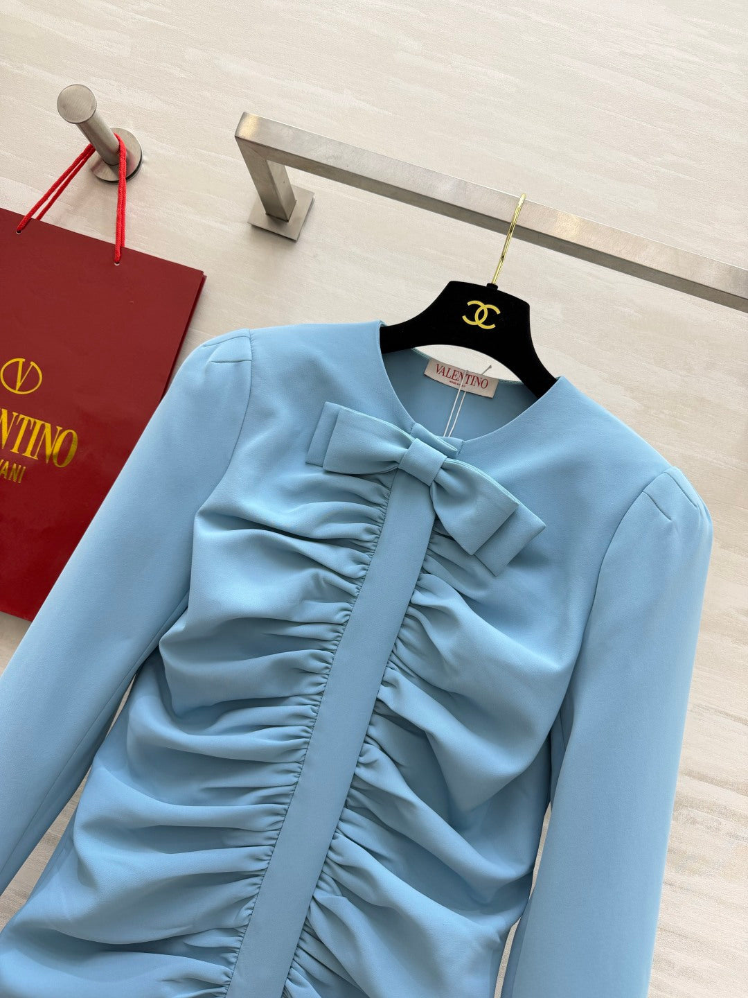 Valentino 26s Bow Ruched Long Blouse Light Blue 438830