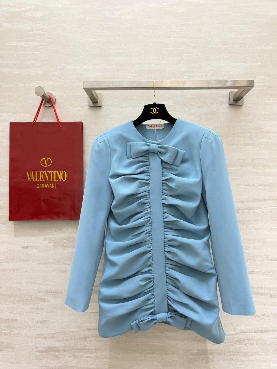 Valentino 26s Bow Ruched Long Blouse Light Blue 438830