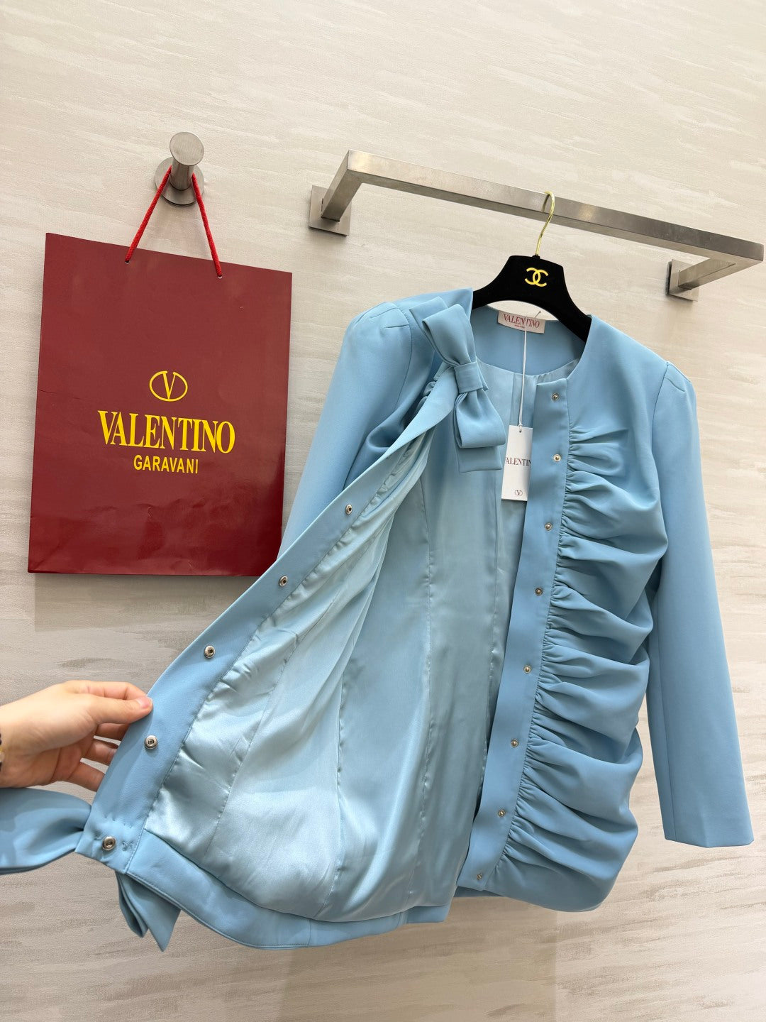 Valentino 26s Bow Ruched Long Blouse Light Blue 438830