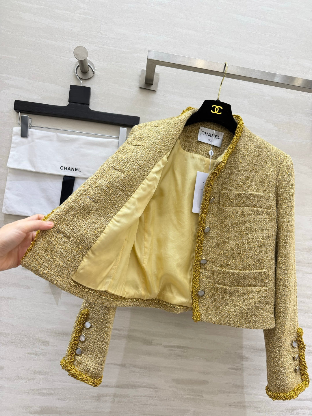 Chanel 26s Tweed Ribbon-Trim Cropped Jacket Gold 438806