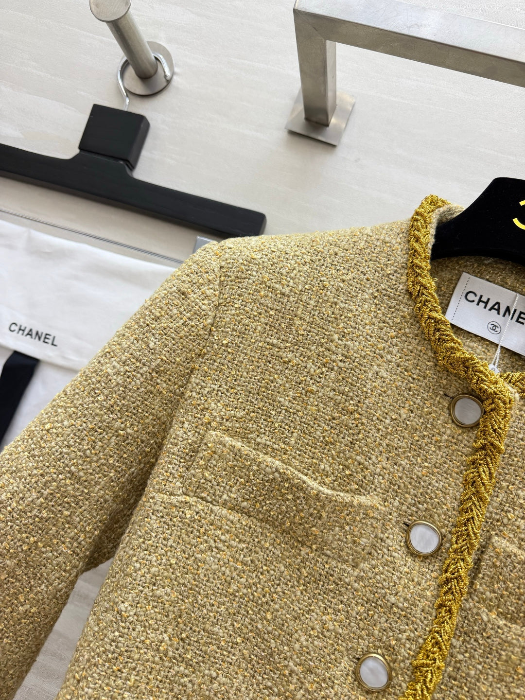 Chanel 26s Tweed Ribbon-Trim Cropped Jacket Gold 438806