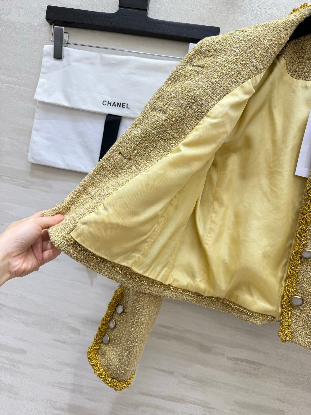 Chanel 26s Tweed Ribbon-Trim Cropped Jacket Gold 438806