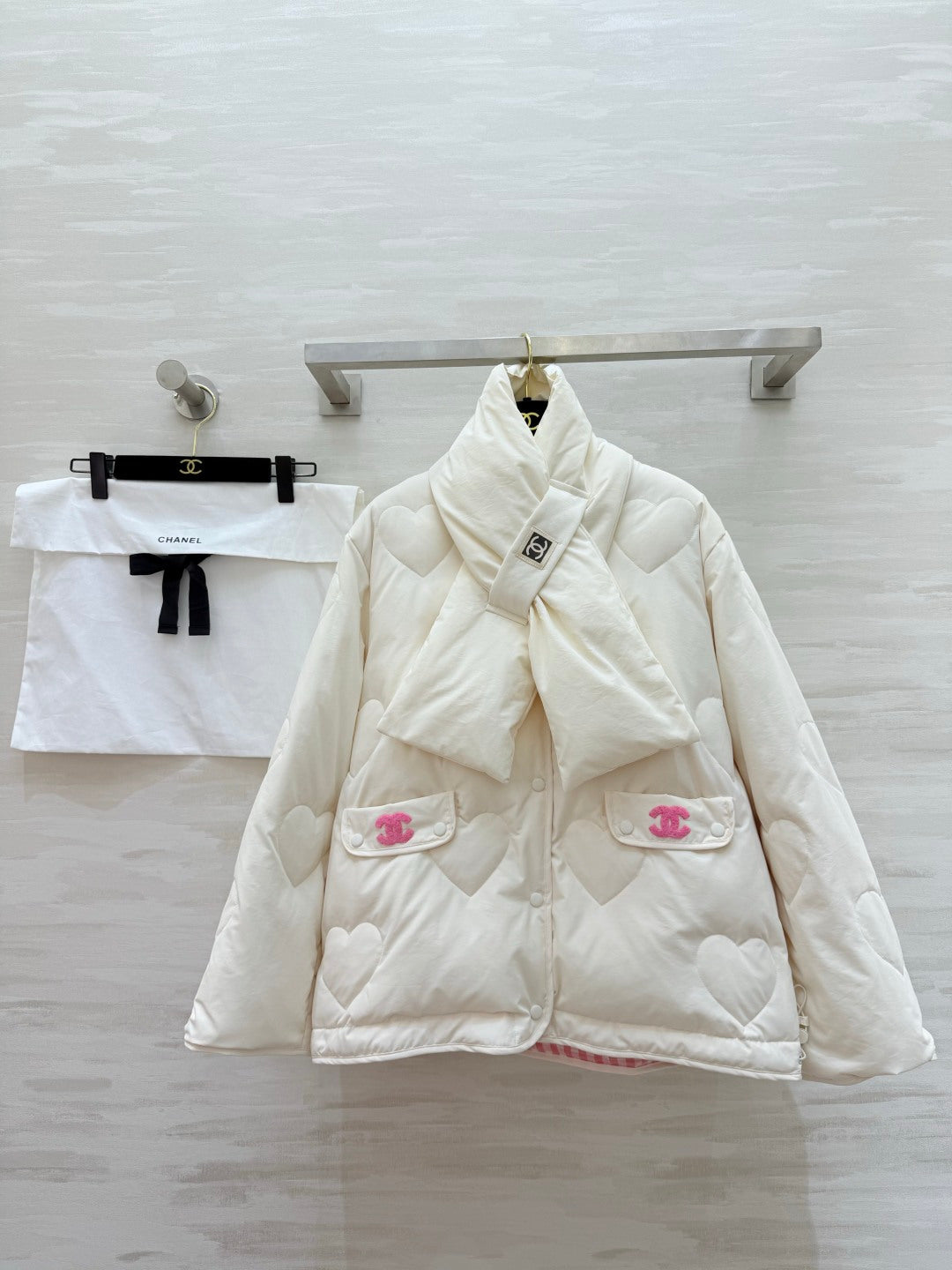 Chanel 26s White Heart-Quilted Puffer Jacket With Scarf Style 435327