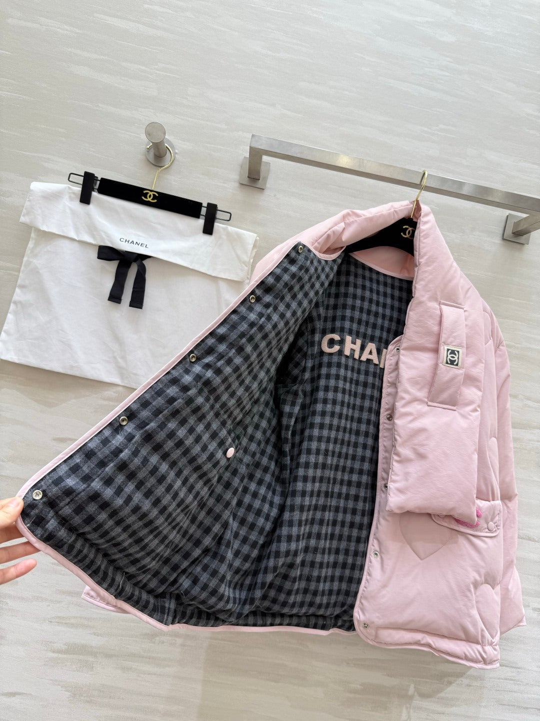 Chanel 26s Pink Heart-Quilted Puffer Jacket With Scarf Style 435329