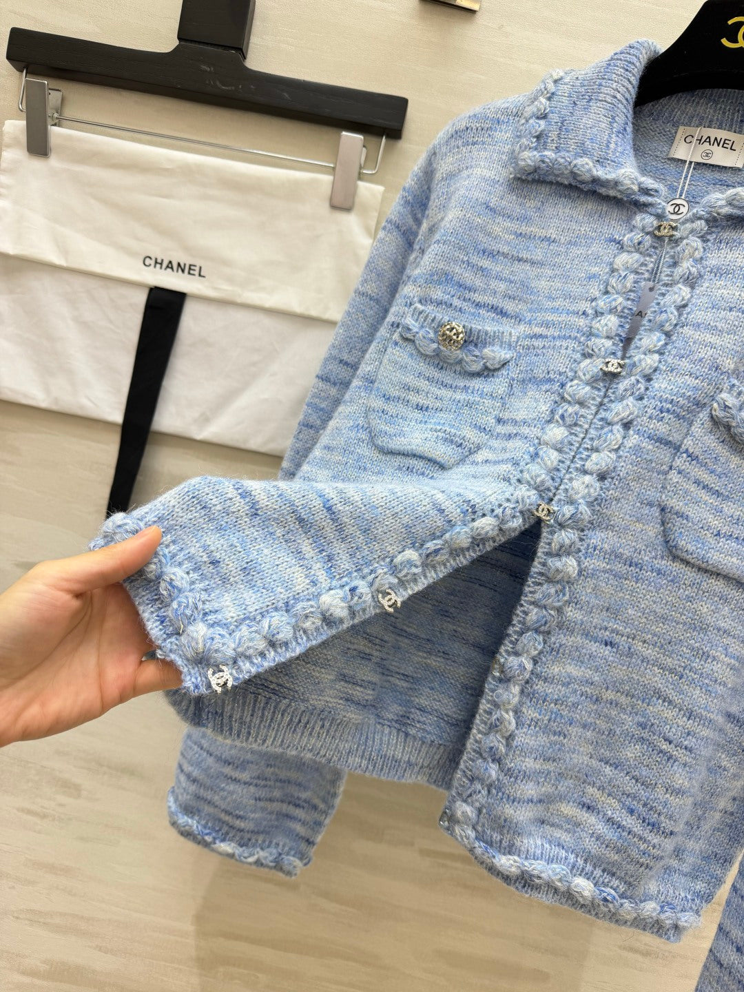 Chanel 26s Braided-Trim Tweed Knit Cardigan Light Blue 438030