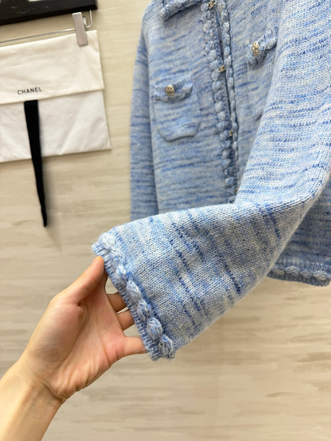 Chanel 26s Braided-Trim Tweed Knit Cardigan Light Blue 438030