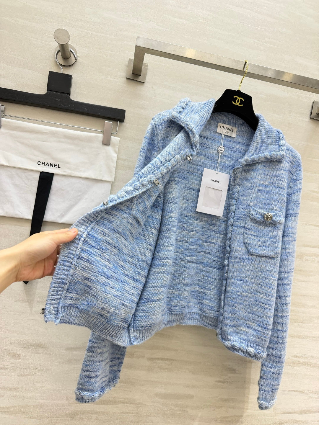 Chanel 26s Braided-Trim Tweed Knit Cardigan Light Blue 438030