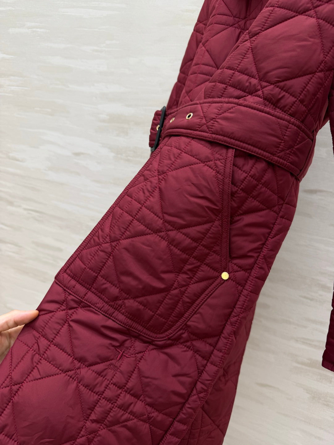 Dior 26s Cannage Quilted Belted Long Coat Burgundy 438702