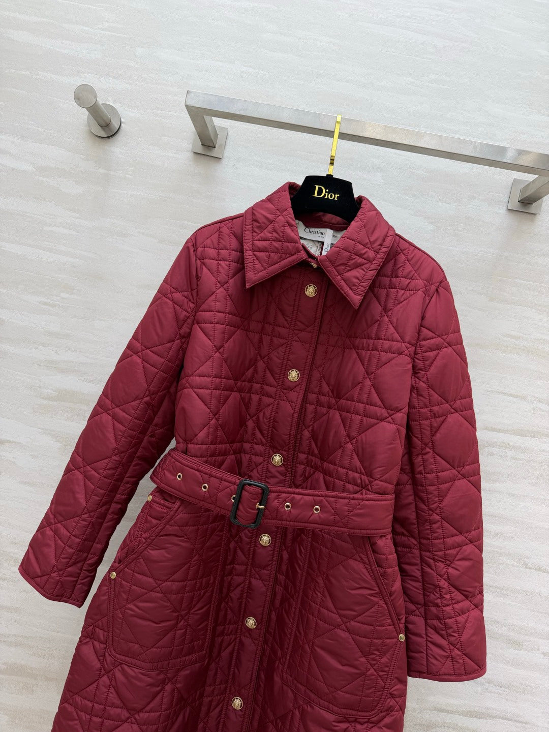 Dior 26s Cannage Quilted Belted Long Coat Burgundy 438702
