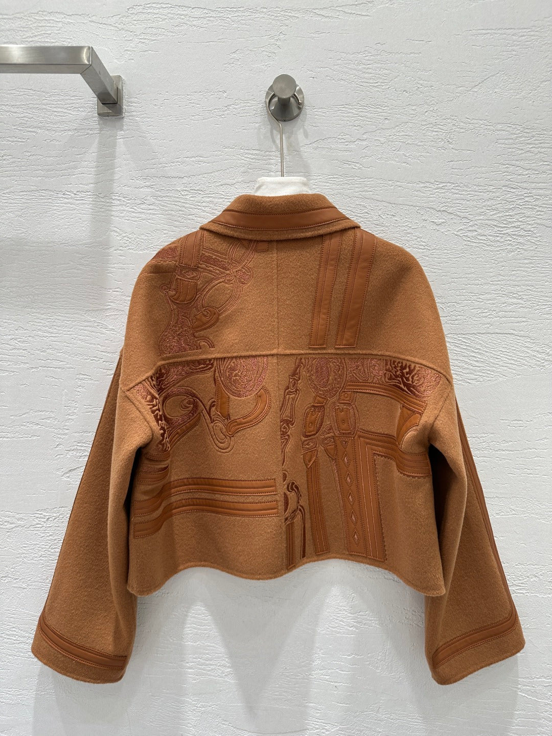 HM Embroidered Short Golden Camel Coat Wool Cashmere Calfskin 349658