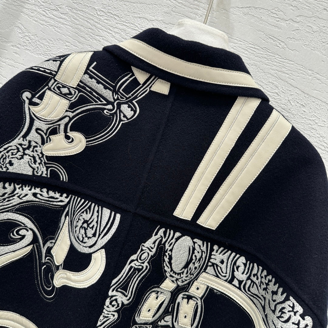 HM Embroidered Short Black White Coat Wool Cashmere Calfskin  349660