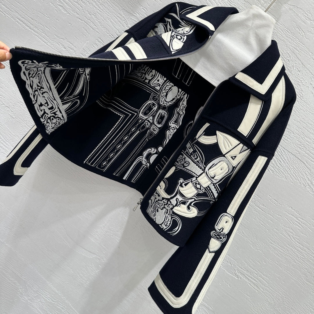 HM Embroidered Short Black White Coat Wool Cashmere Calfskin  349660