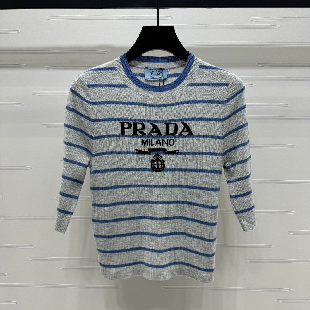 Prada Logo-Intarsia Striped Top Marble Grey Wool 351053