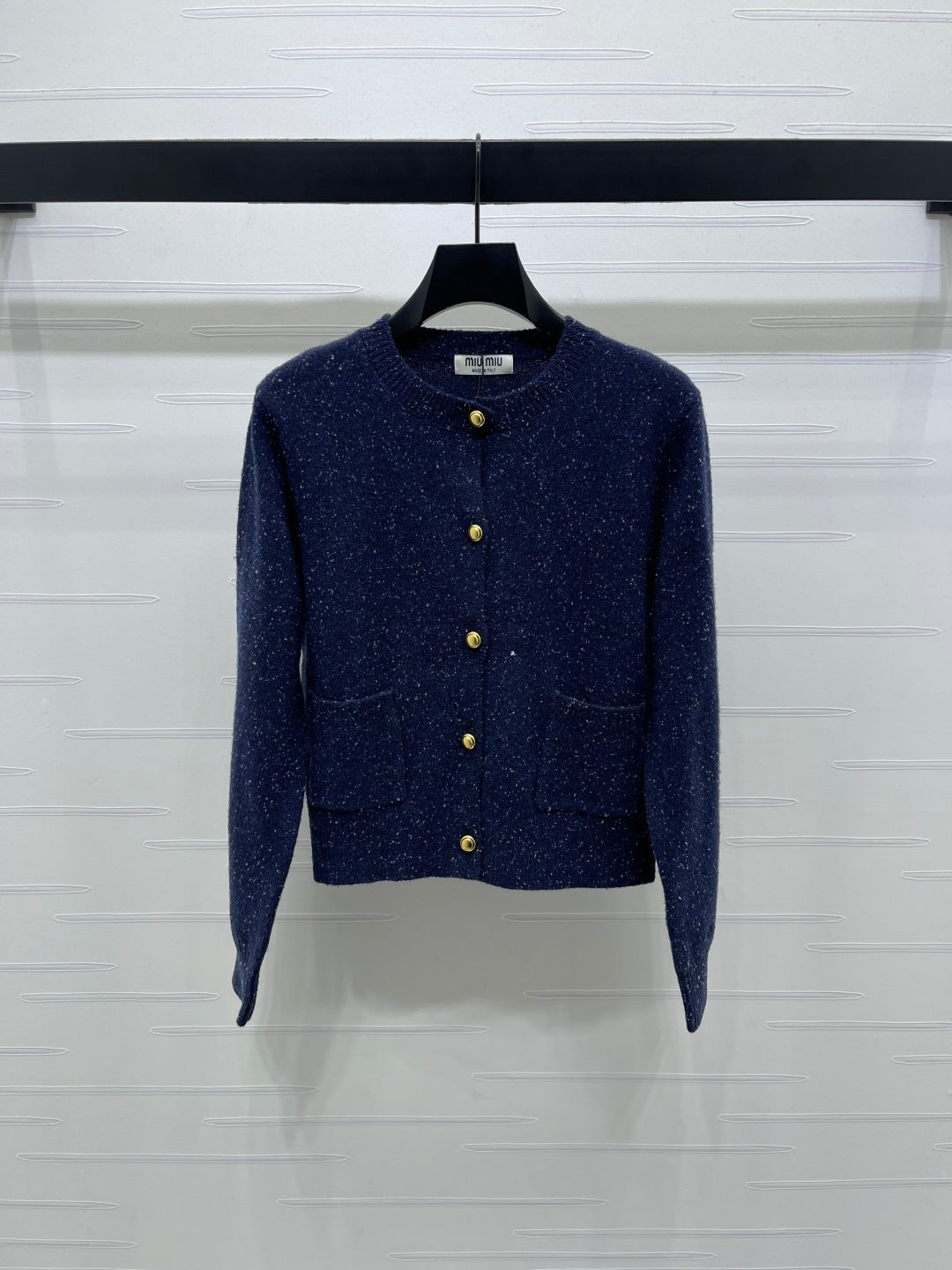 Miu 26s Neck Long-Sleeved Cardigan Navy Blue Cashemere 415895