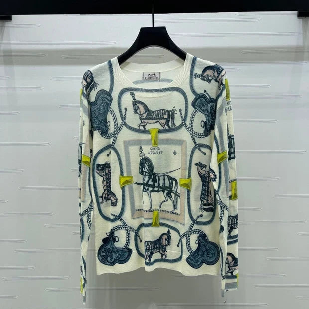 Hermes 2026 Horse Print Long Sleeve Top Cream Blue Wool 417088
