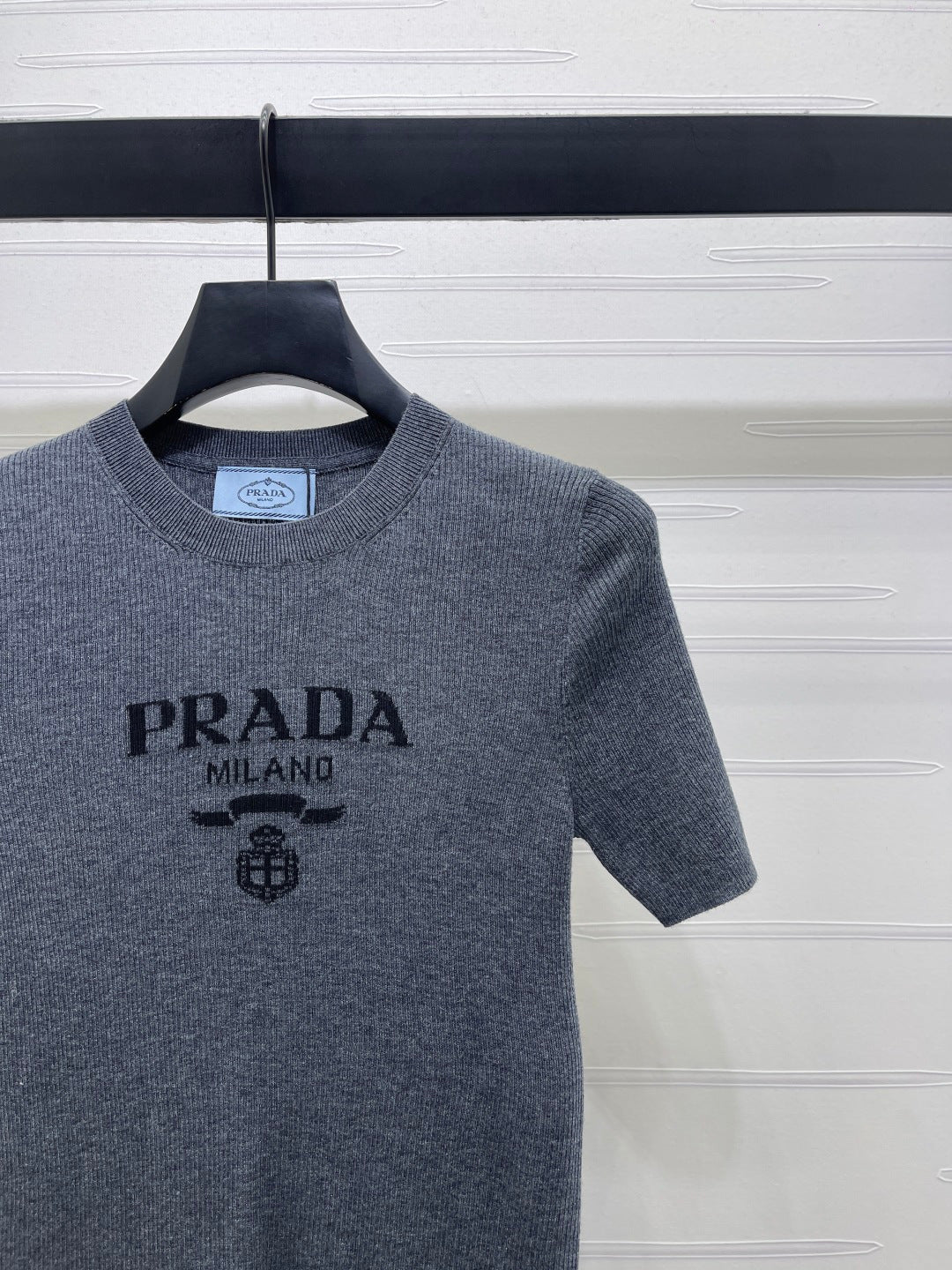 Prada Round Neck Knit Short-Sleeve Top Slate Gray Wool 351042
