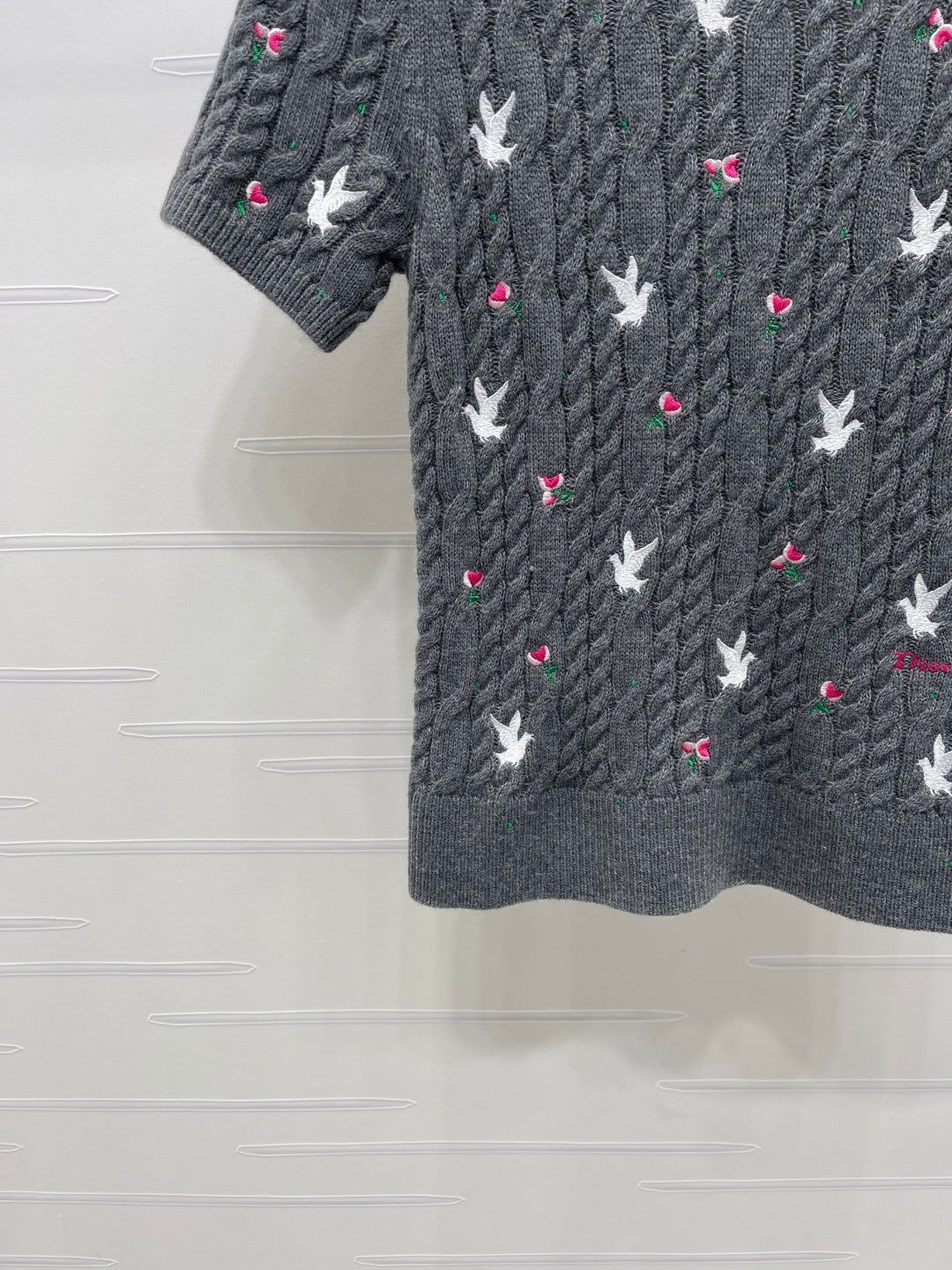CD SS26 Embroidered Cable-Knit Sweater Bird Rose Grey Cashmere 351088