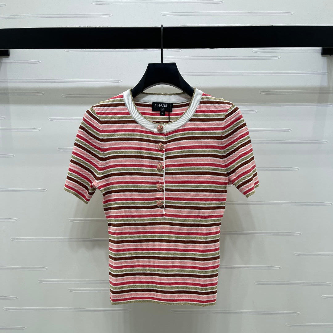 CC Synchronized Striped Knit Short-Sleeve Top Multicolor Tencel 351045
