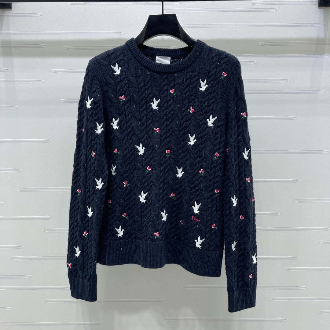 CD SS26 Dioramour Embroidered Cable-Knit Sweater Navy Blue Cashmere 351078