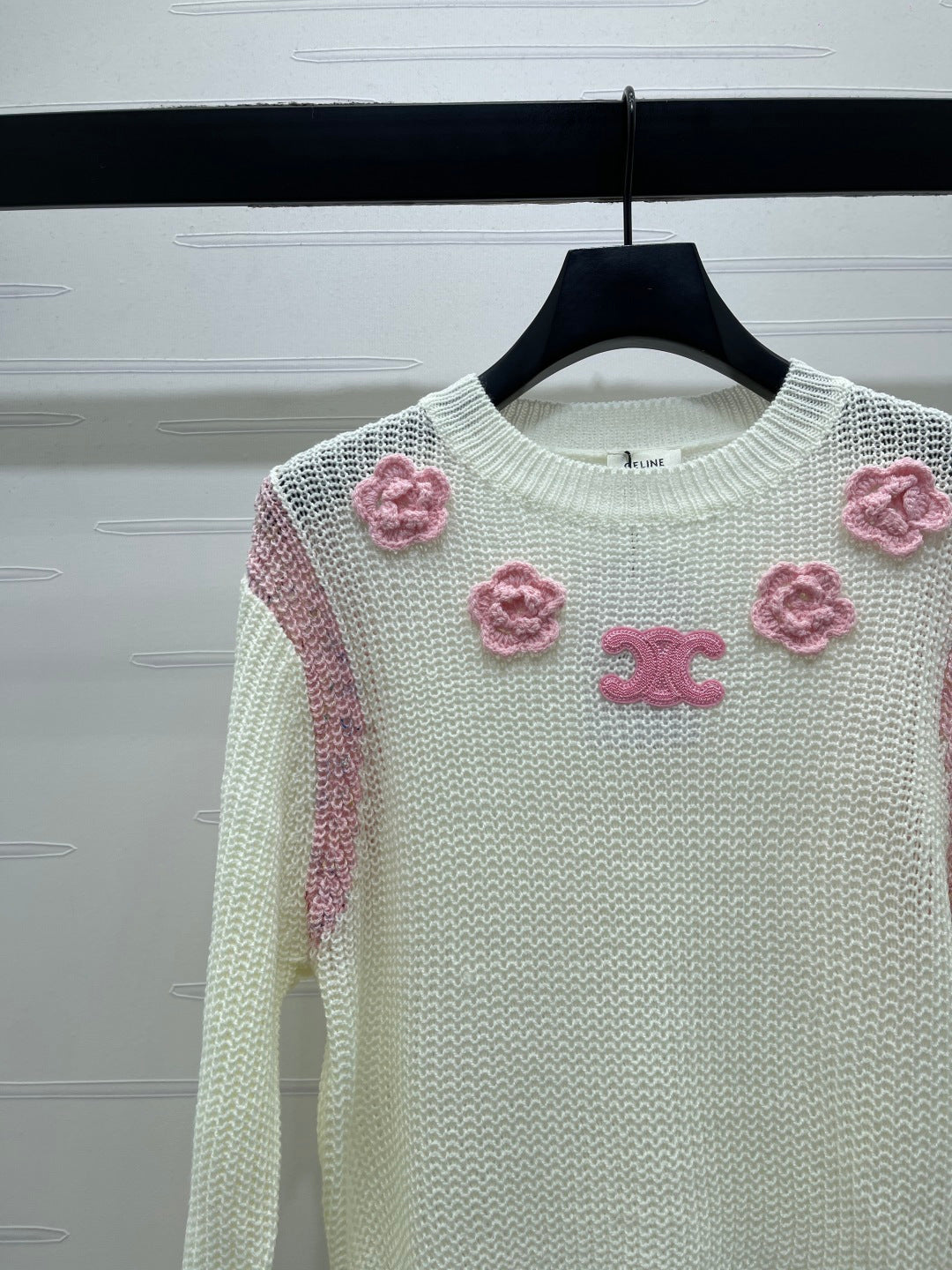 Celin Crochet Hollow-out Pullover Knit Long-Sleeve Top Ivory Wool 344135