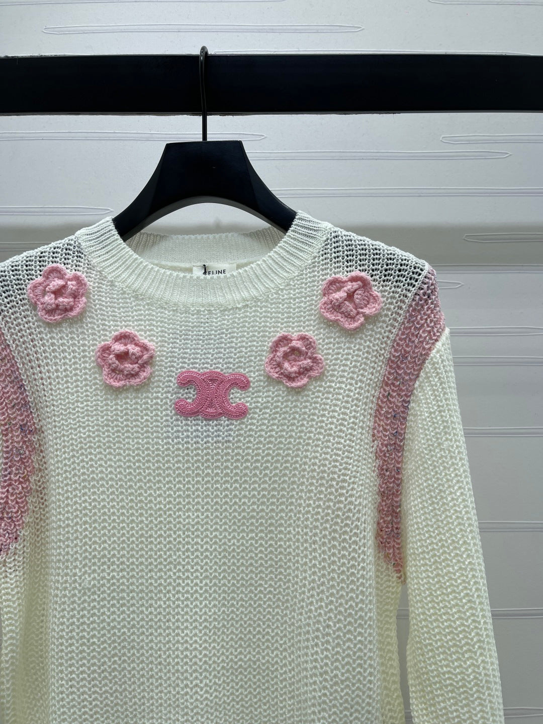 Celin Crochet Hollow-out Pullover Knit Long-Sleeve Top Ivory Wool 344135