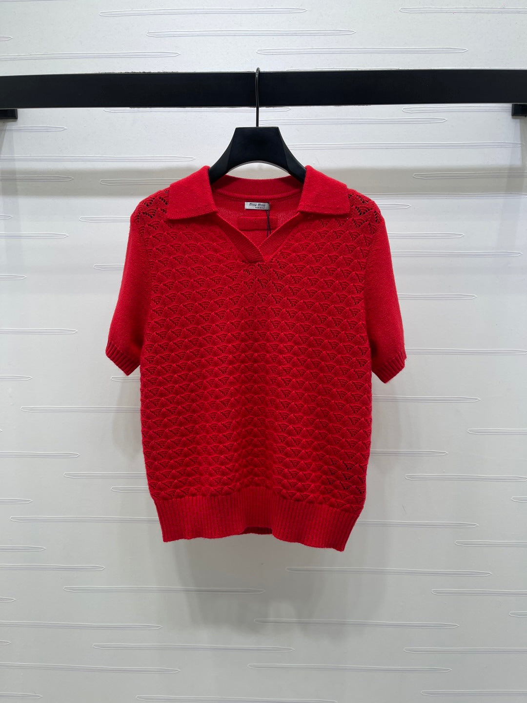Miu Polo Half-Open Short-Sleeved Top Red Knit 343435