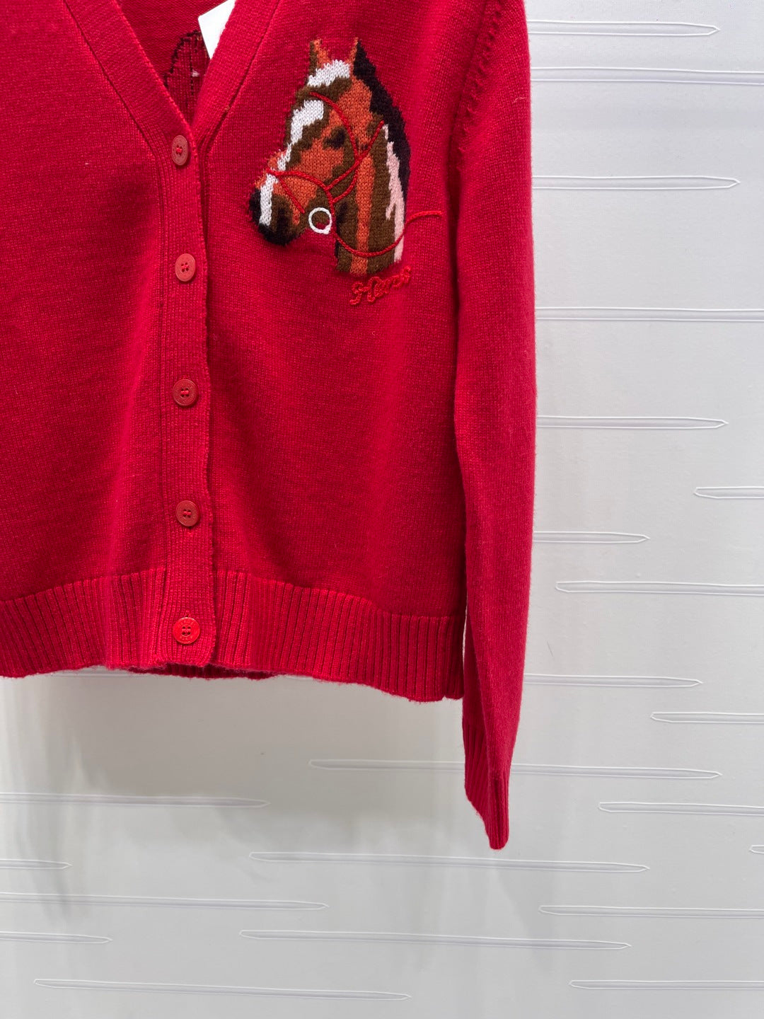 HM 26s Jacquard Horsehead V-Neck Knit Cardigan Red Wool 344105