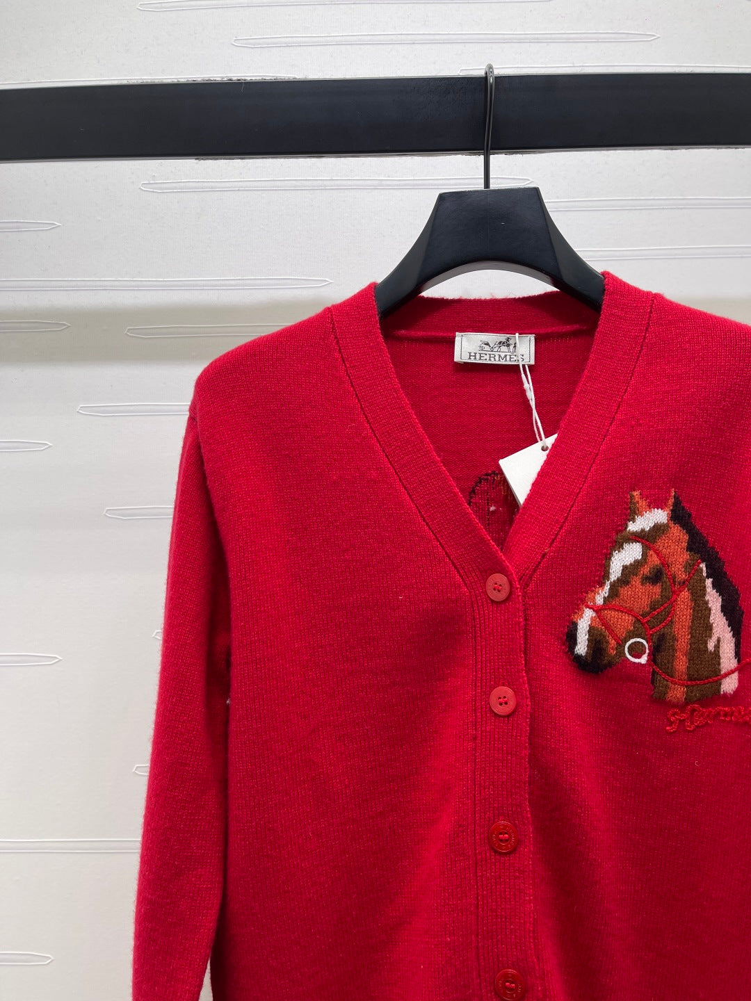 HM 26s Jacquard Horsehead V-Neck Knit Cardigan Red Wool 344105