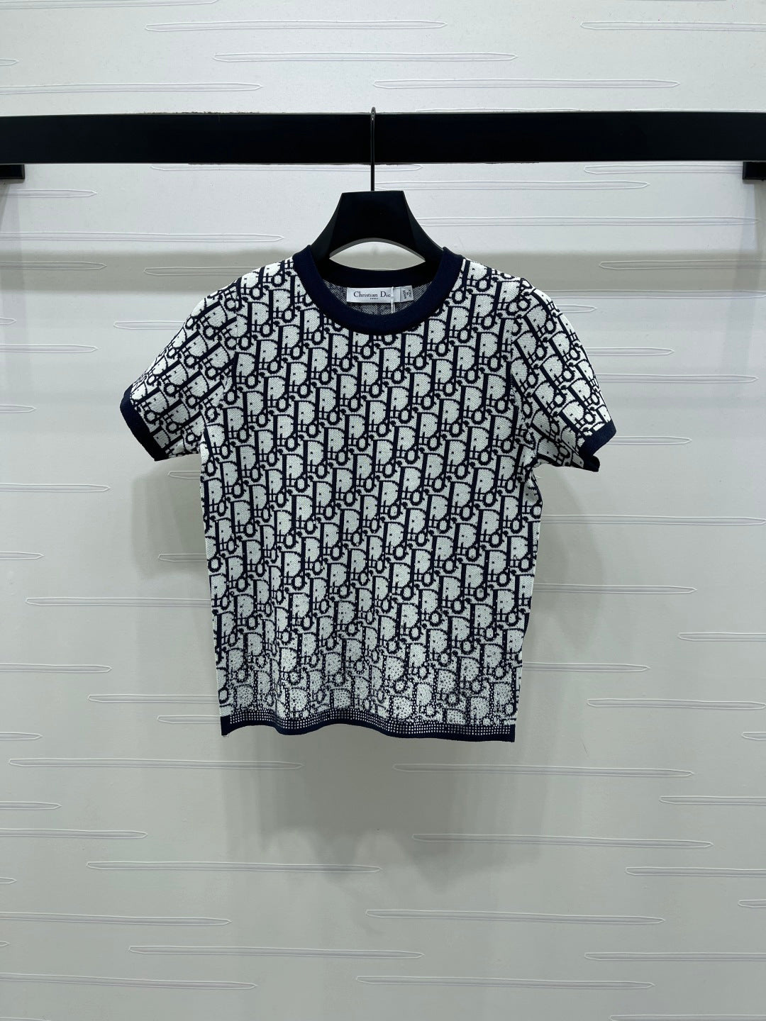 CD Jacquard Crew Neck Knit Short-Sleeve Top Black White 344119