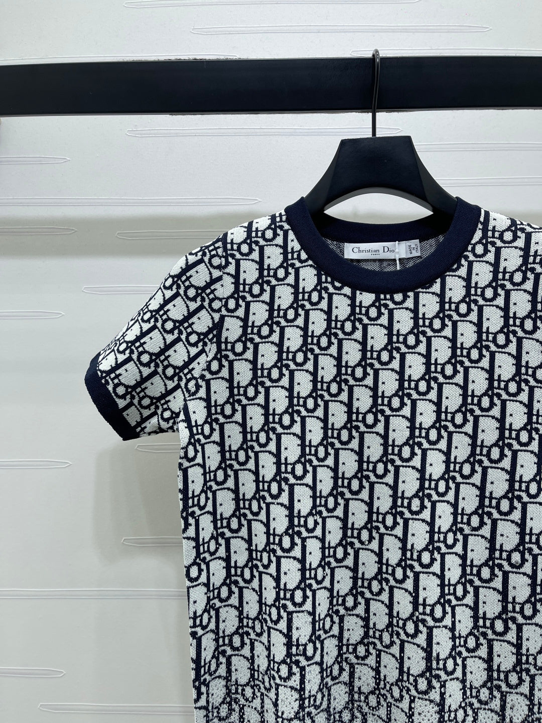 CD Jacquard Crew Neck Knit Short-Sleeve Top Black White 344119