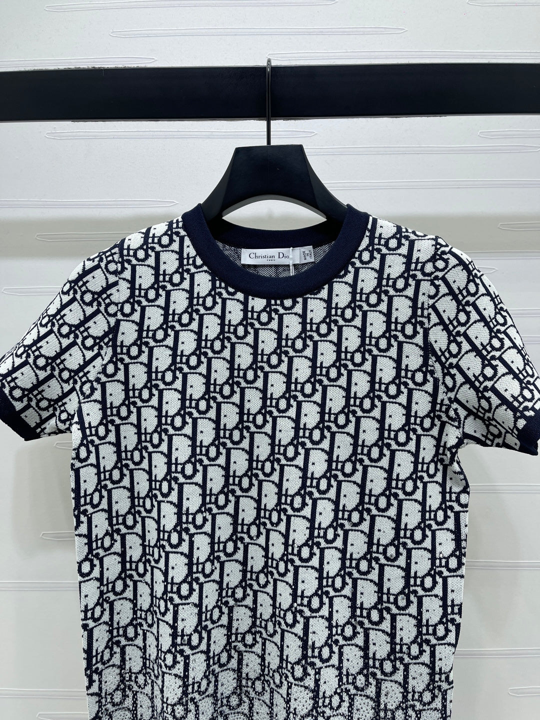 CD Jacquard Crew Neck Knit Short-Sleeve Top Black White 344119