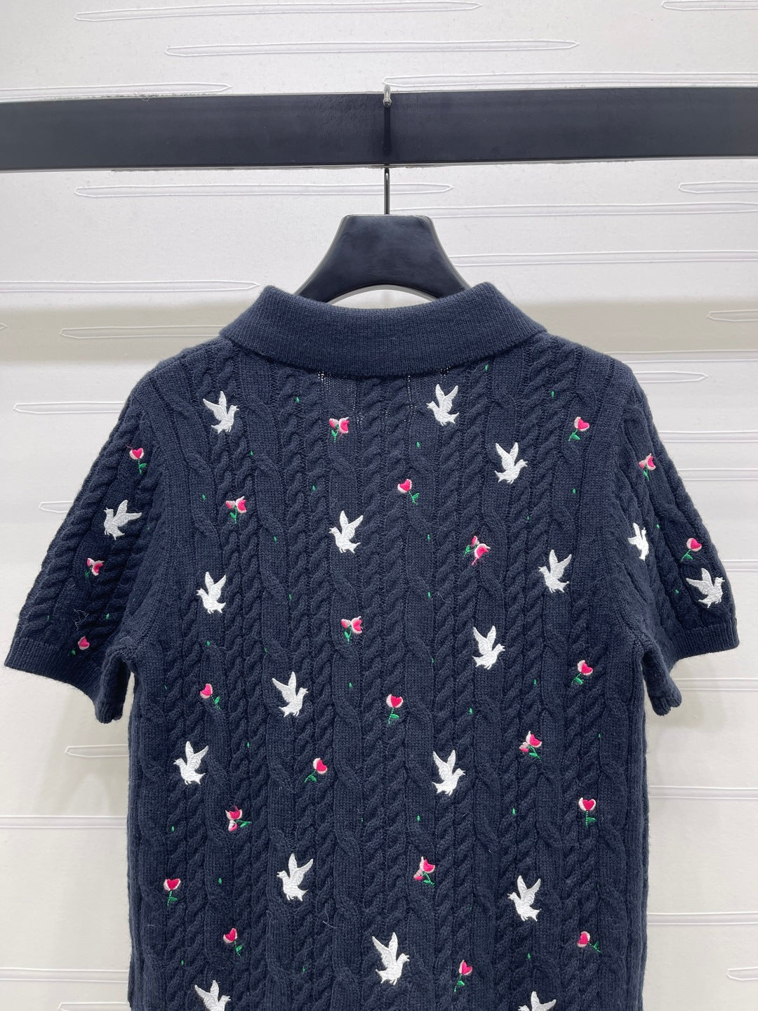 CD SS26 Embroidered Knit Polo Shirt Bird Rose Navy Blue Cashmere 351083