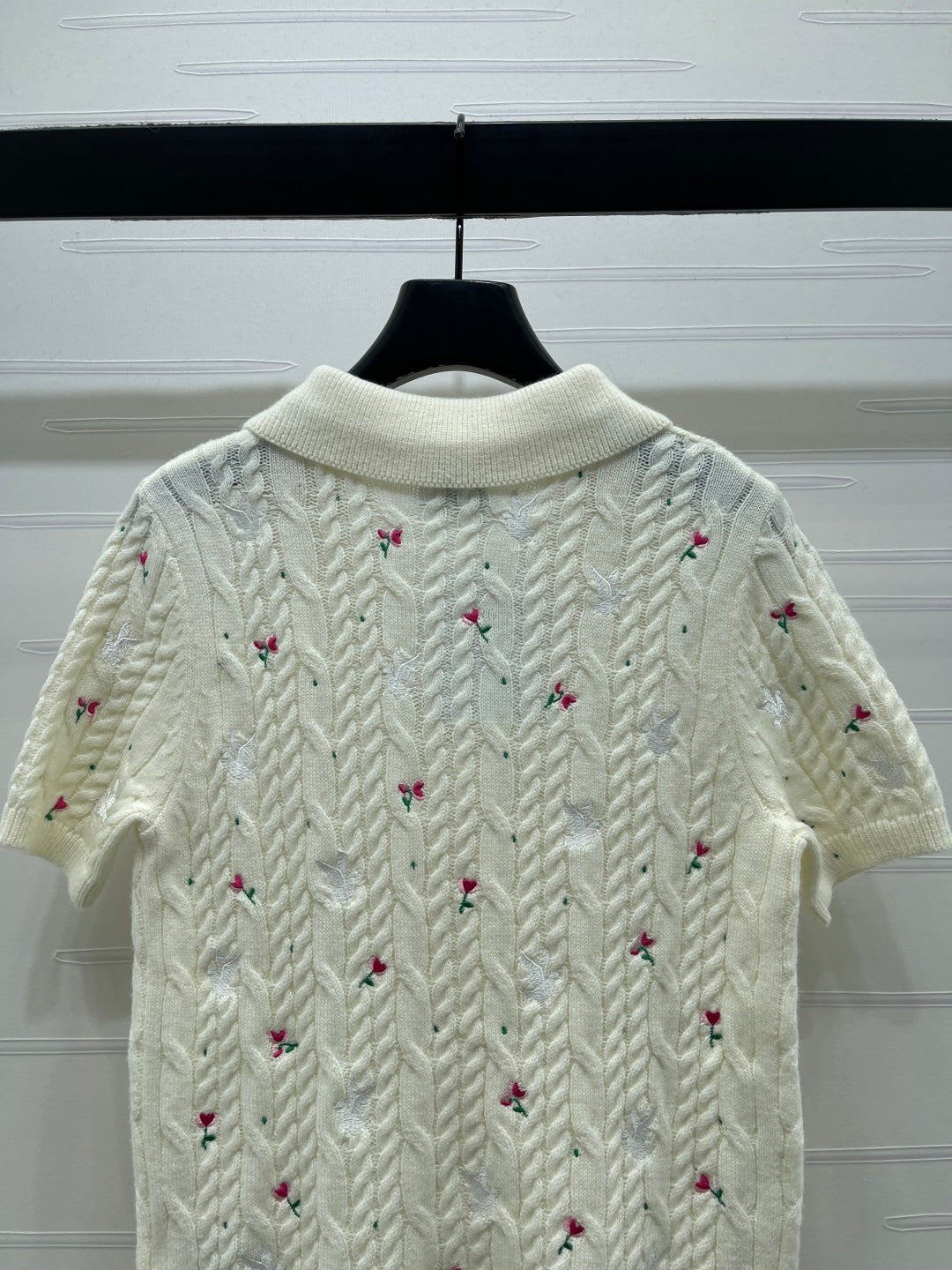 CD SS26 Embroidered Knit Polo Shirt Bird Rose Ivory Cashmere 351082