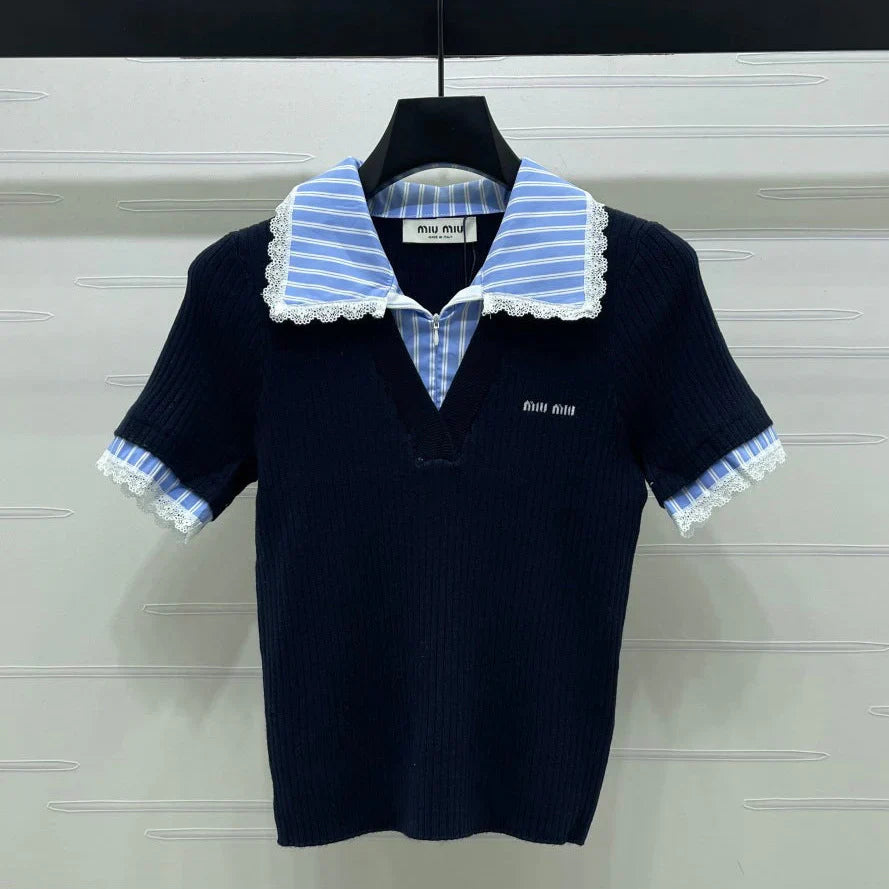 Miumiu 2026 Ribbed Knit Top With Striped Collar Blue Wool 352525