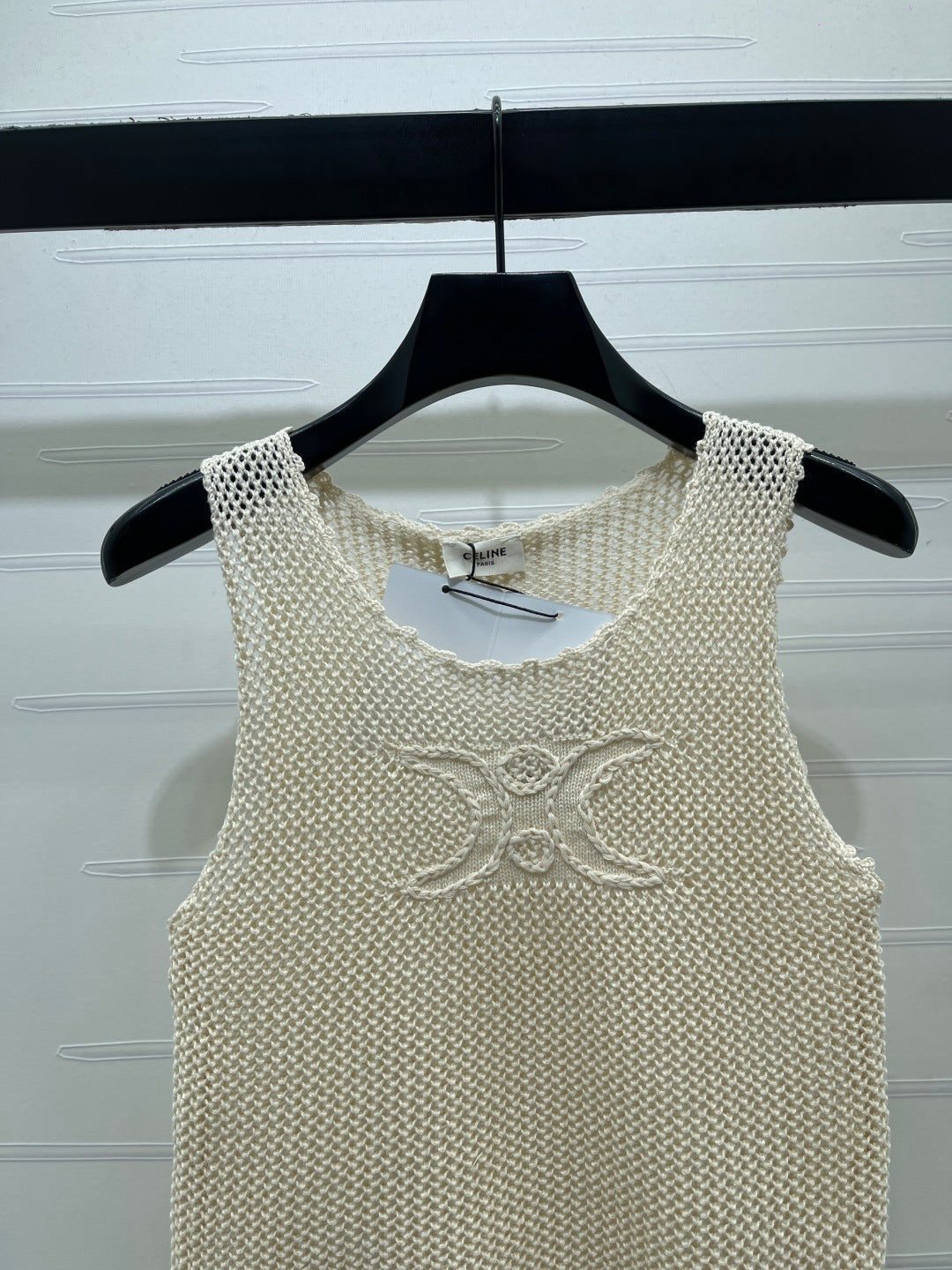 Celine 26s Triomphe Crochet Knit Vest Ivory Wool Cashmere 373120