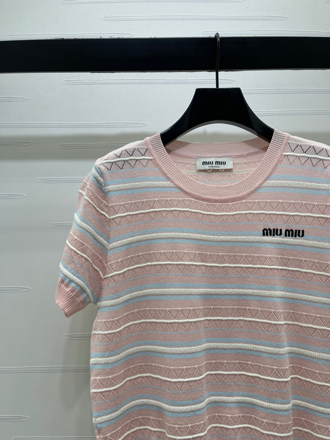 Miu Striped Knit Short-Sleeved Top Light Pink Acrylic Tencel 373125