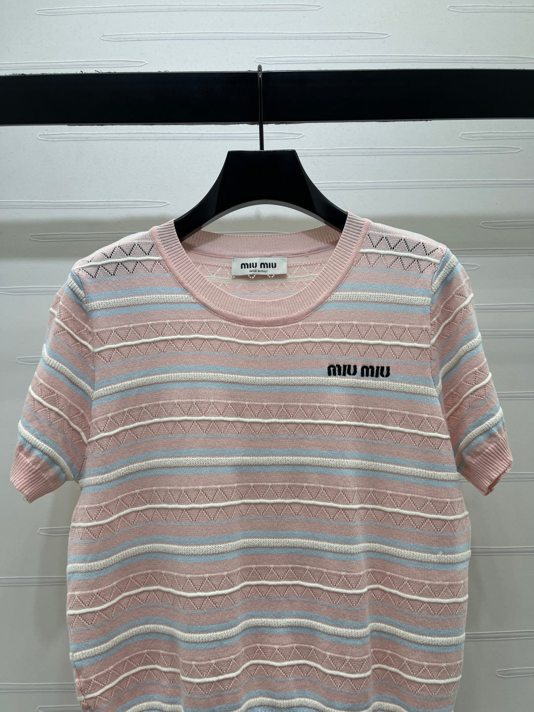 Miu Striped Knit Short-Sleeved Top Light Pink Acrylic Tencel 373125