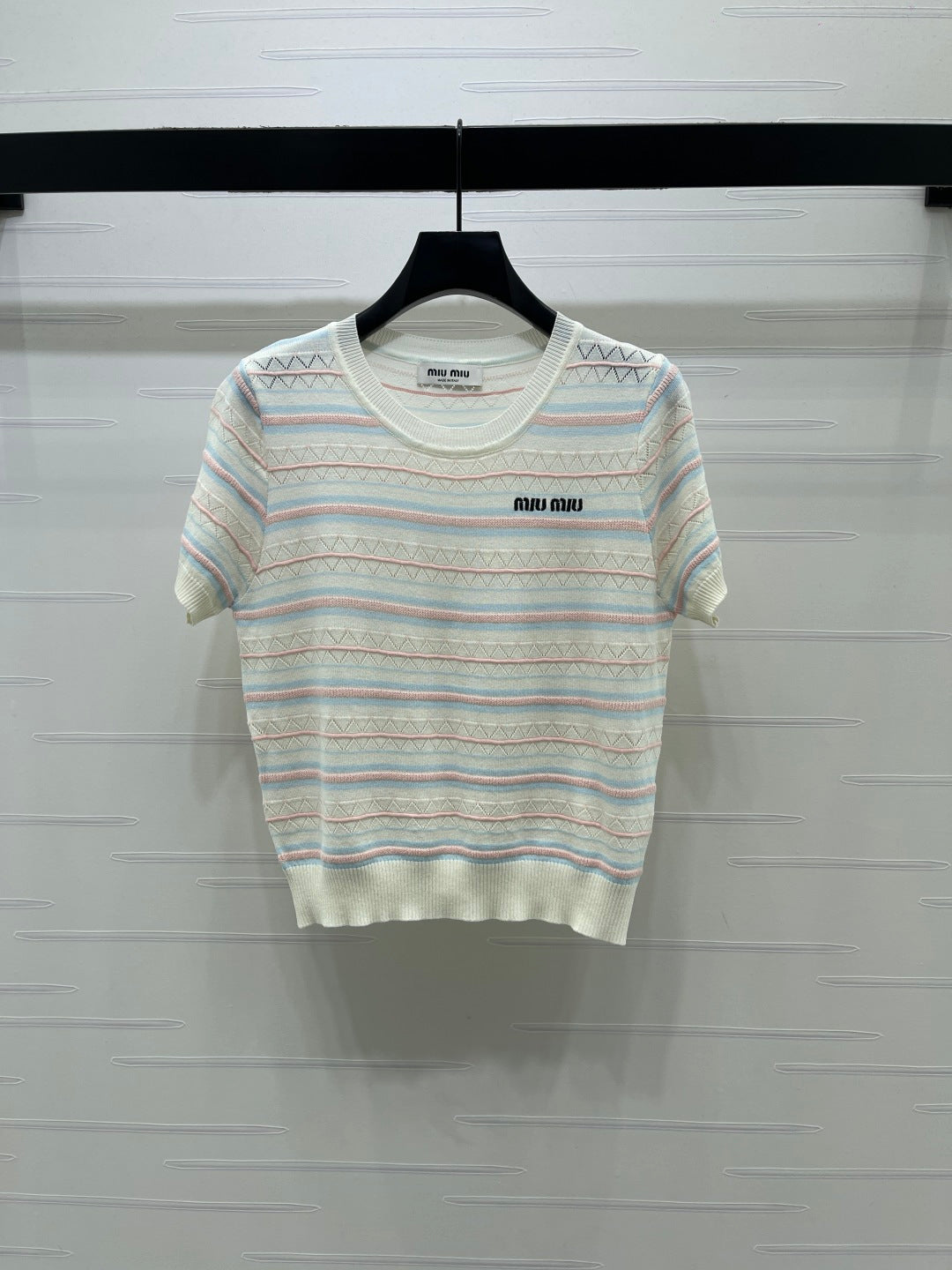 Miu Striped Knit Short-Sleeved Top Ivory Acrylic Tencel 373124