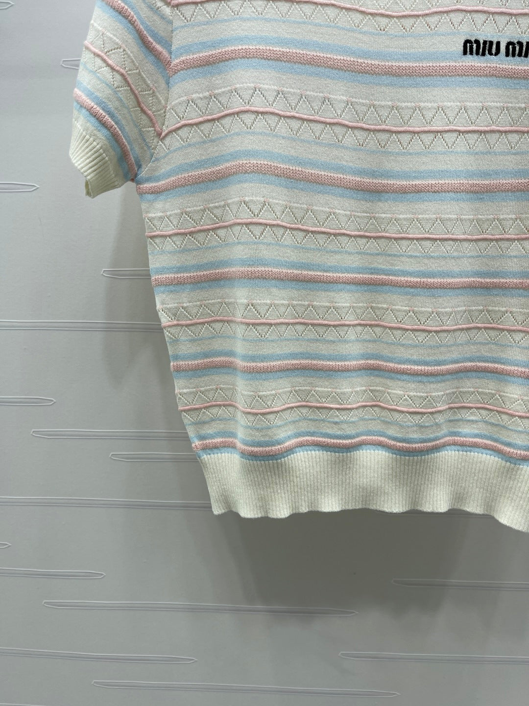 Miu Striped Knit Short-Sleeved Top Ivory Acrylic Tencel 373124