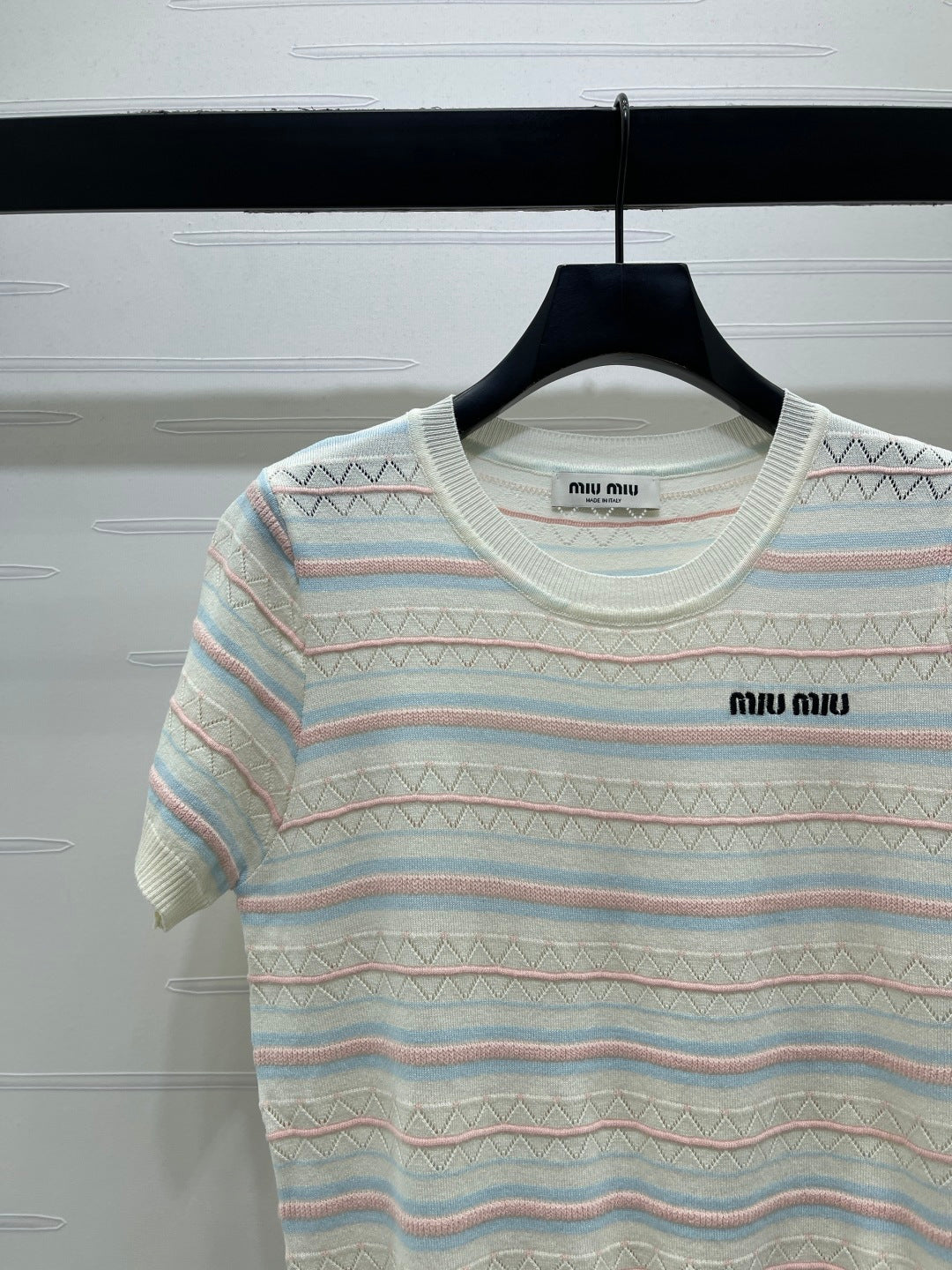 Miu Striped Knit Short-Sleeved Top Ivory Acrylic Tencel 373124