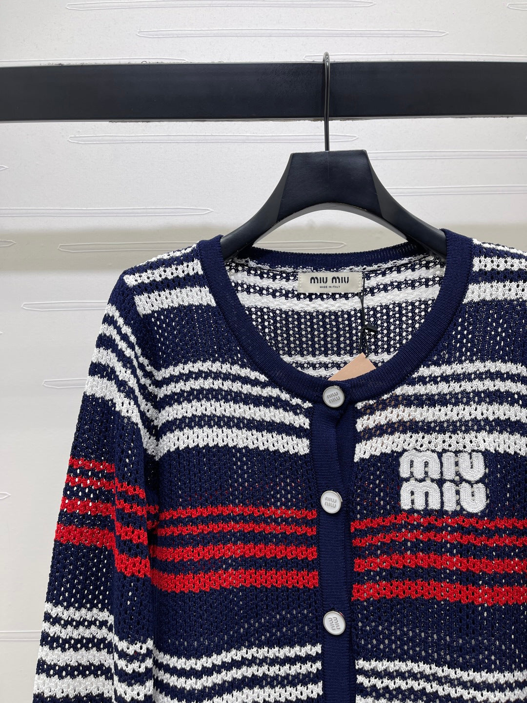 Miu Long-Sleeved Cardigan Red Navy Blue Wool 373133