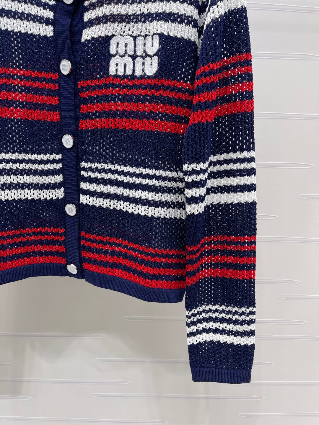 Miu Long-Sleeved Cardigan Red Navy Blue Wool 373133