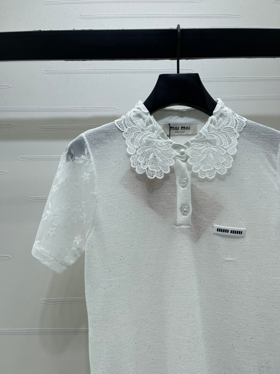 Miu Crochet Knit Short-Sleeved Top Tencel Nylon 373136