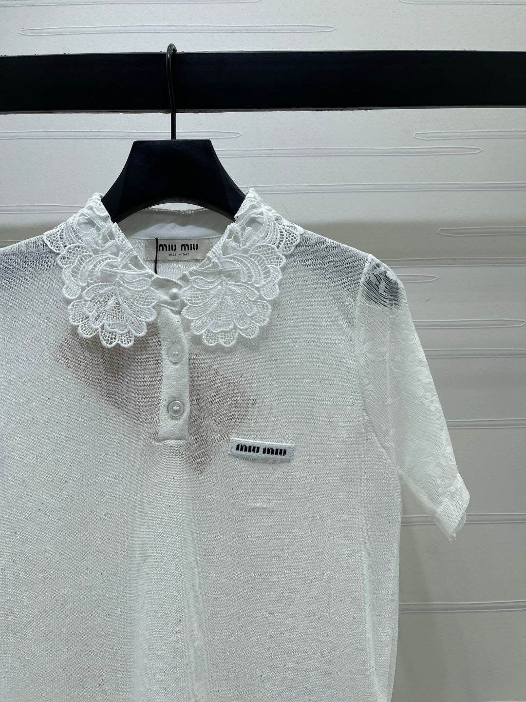 Miu Crochet Knit Short-Sleeved Top Tencel Nylon 373136
