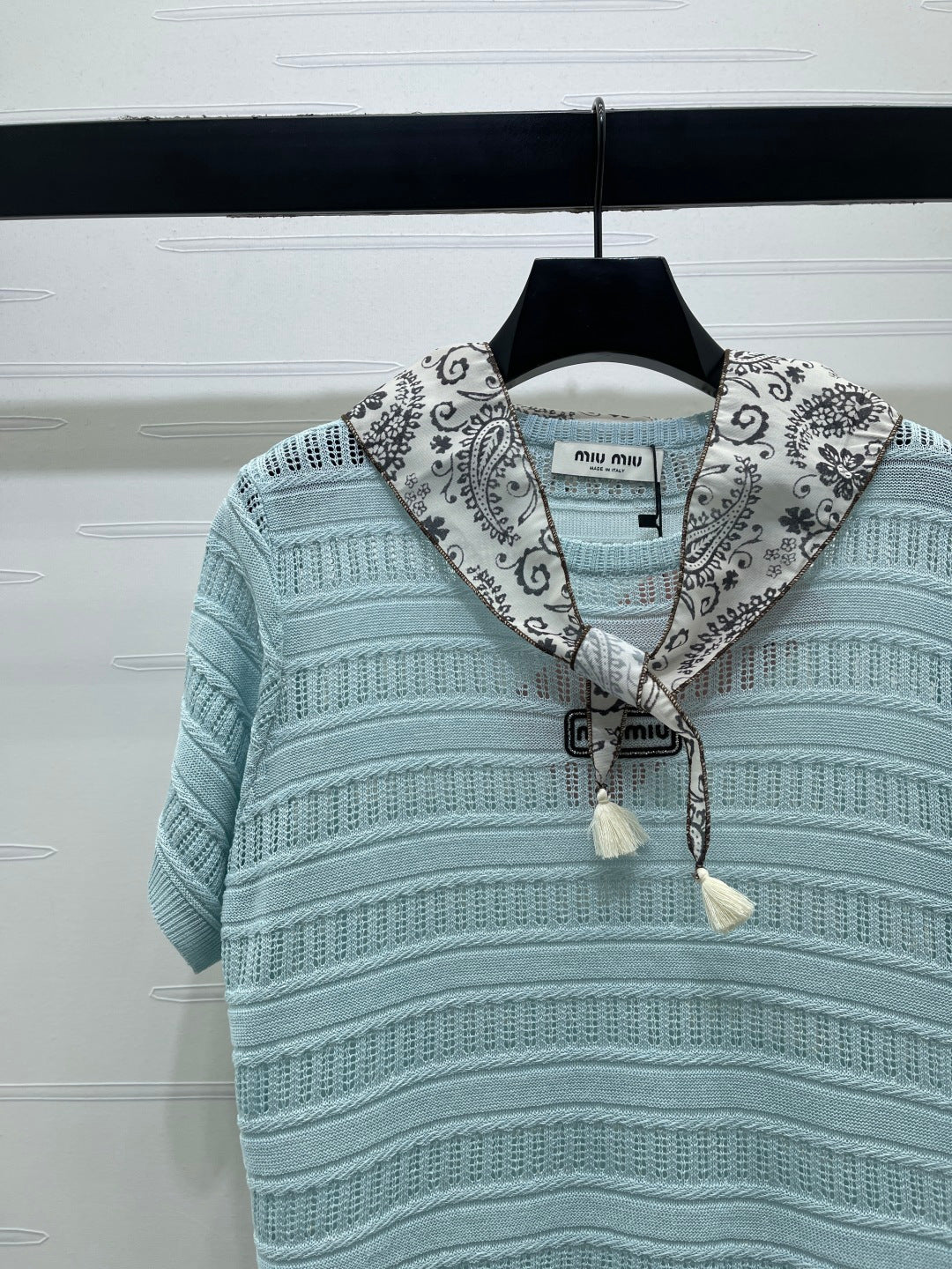 Miu Knit Short-Sleeved Top Light Blue Nylon Wool 380778
