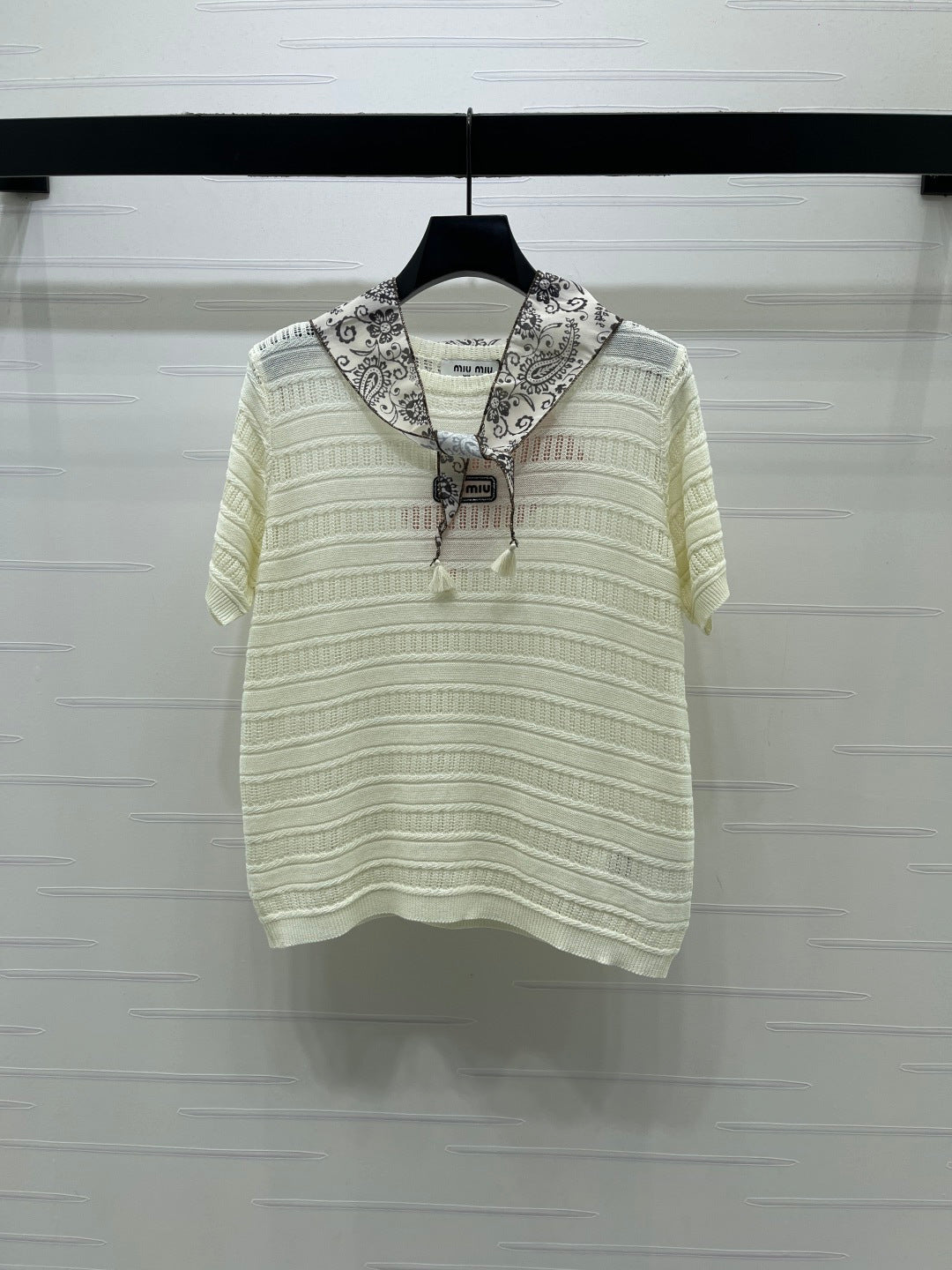 Miu Knit Short-Sleeved Top Cream Nylon Wool 380779