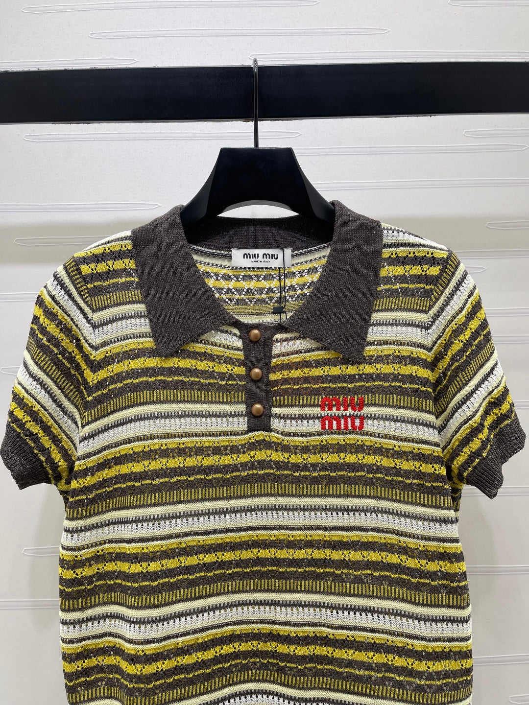 Miu Knit Short-Sleeved Top Yellow Colorful Linen Acrylic 380778