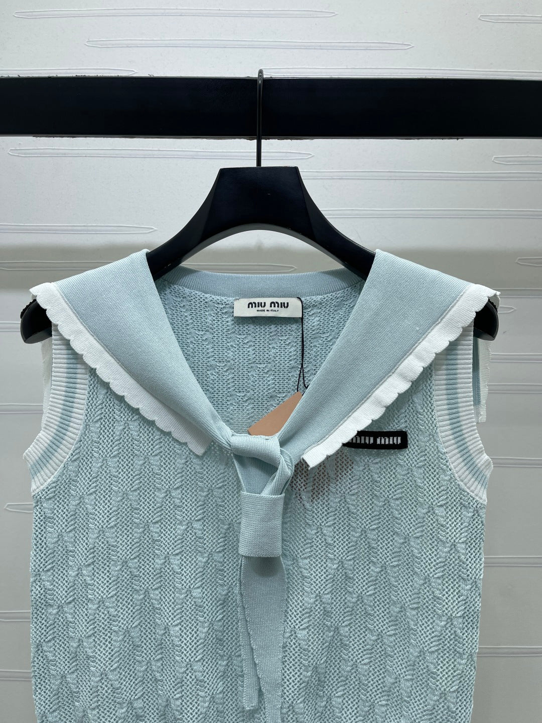 Miu Shawl Tie-Wear Knitted Vest Light Blue Black Wool 382100